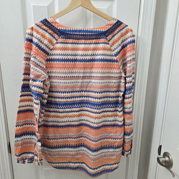 J. Crew Popover Blouse Womens Small Orange Blue Embroidered Chevron Stripes - Picture 2 of 9